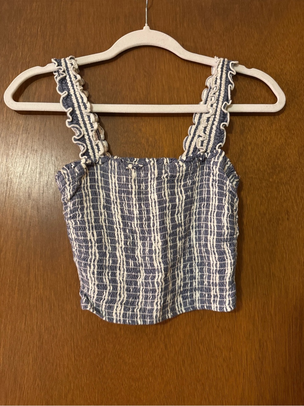 Hollister Blue and White Ruffled-strap Crop Top